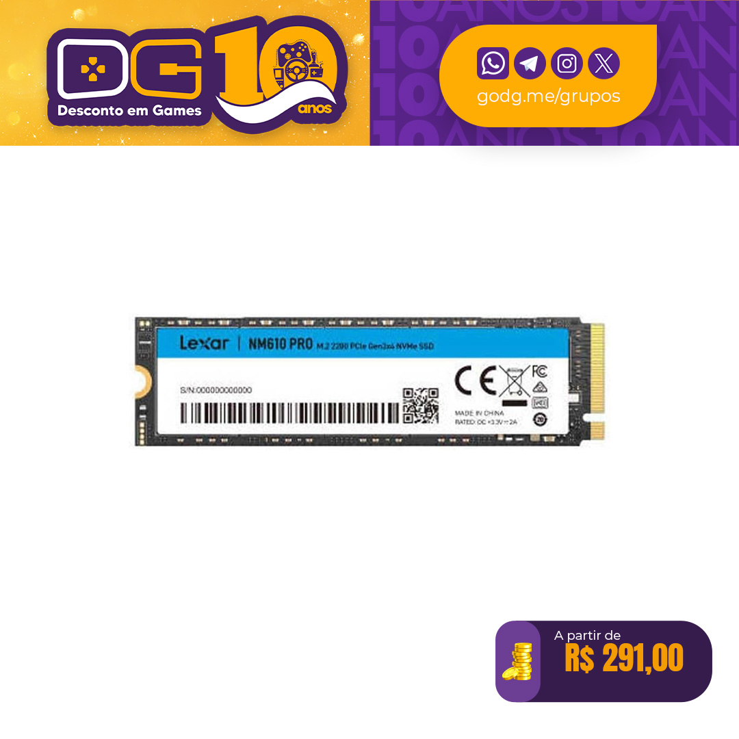 Lexar Disco SSD NM610 Pro 500Gb NVMe PCIe 3.0 M.2 Tipo 2280 Leitura até 3300 MB/s e Escrita até 1700Mb/s