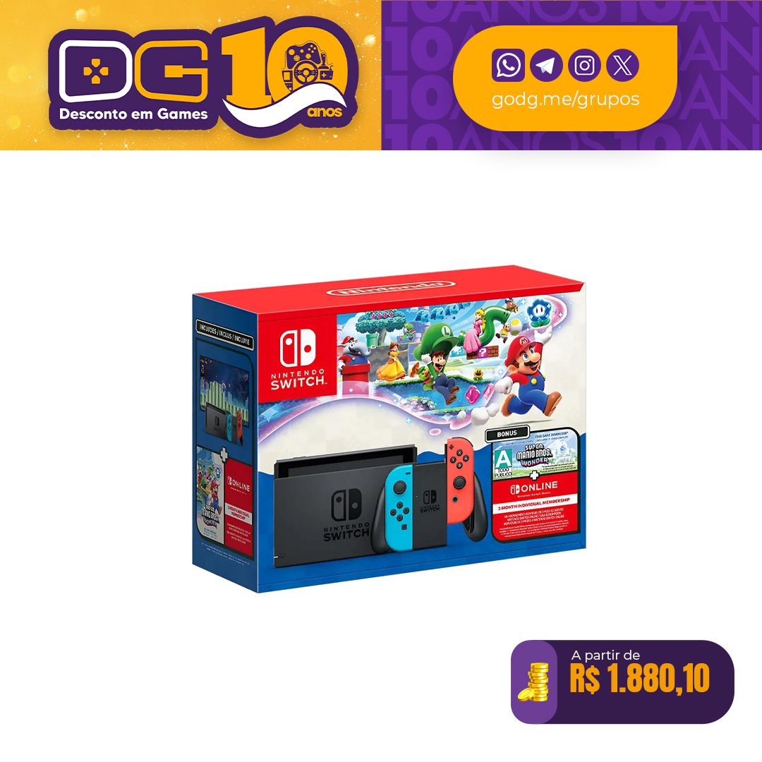 Bundle Console Nintendo Switch V2 + Super Mario Bros. Wonder + 3 Meses de Assinatura Nintendo Switch Online