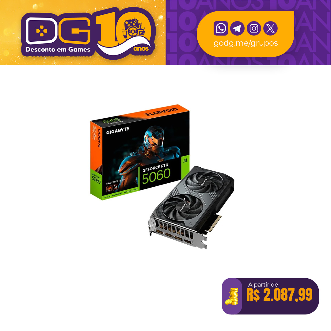 Placa de Vídeo Gigabyte RTX 5060 WINDFORCE OC 8G NVIDIA GeForce, 8GB GDDR7, 128bits, DLSS, Ray Tracing
