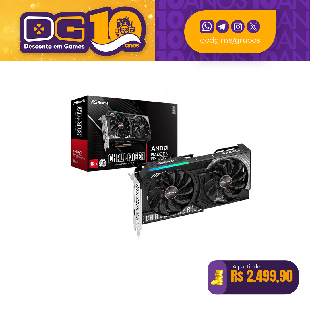 Placa de Vídeo ASRock AMD Radeon RX 9060 XT Challenger OC, 16GB