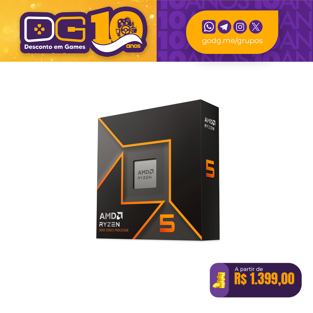 Processador AMD Ryzen 5 9600X, 3.9 GHz (5.4 GHz), Cache 32 MB, 6 Núcleos, 12 Threads, AM5