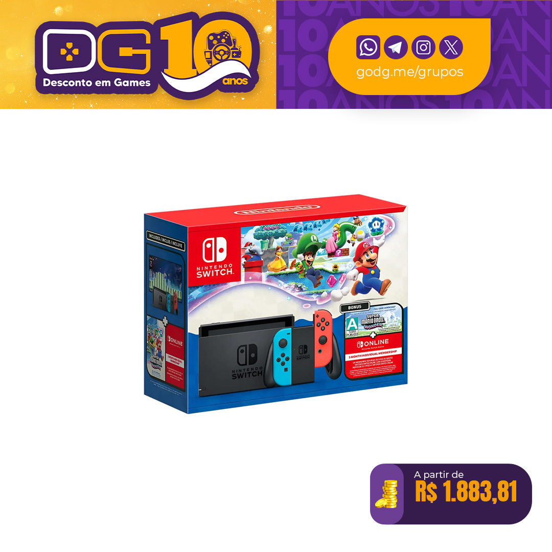 Bundle Console Nintendo Switch V2 + Super Mario Bros. Wonder + 3 Meses de Assinatura Nintendo Switch Online