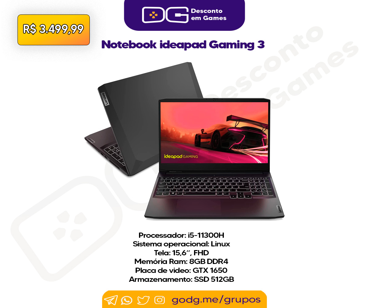 Notebook Gamer Lenovo Gaming 3i Intel Core i5-11300H GTX1650 - 82MGS00200